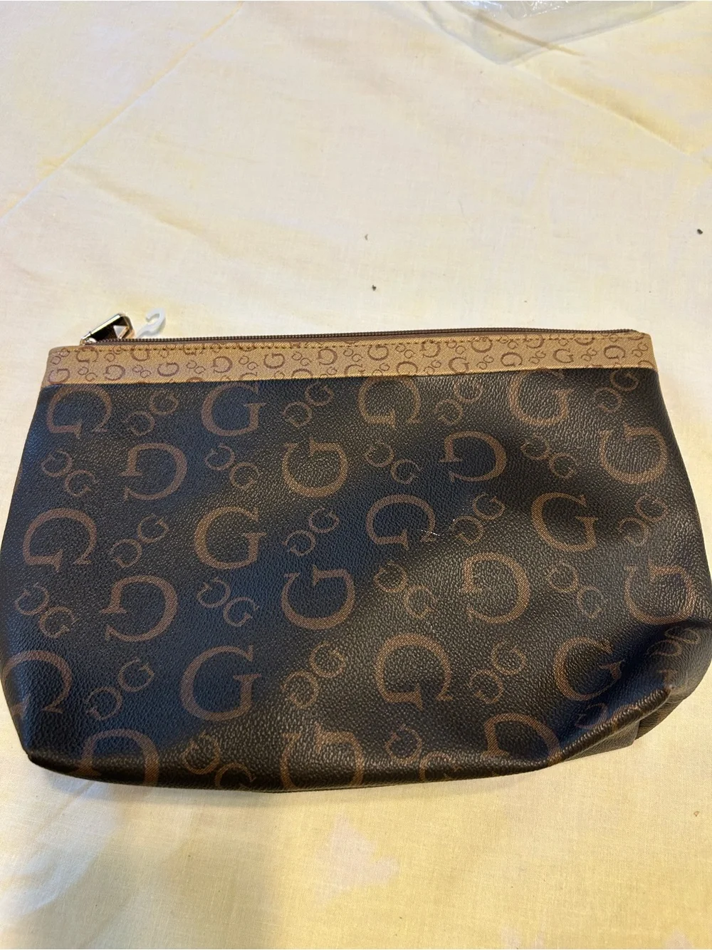 GUESS Brown Monogram Cosmetic Pouch with Gold Hardware